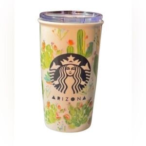 Starbucks Arizona Cactus Floral Scene Ceramic Travel Mug Cup Tumbler 12 oz Lid